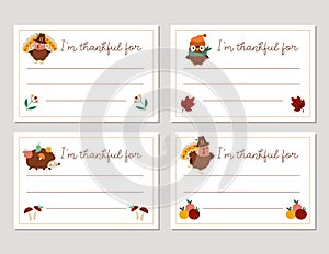 Vector Thanksgiving cards set. Im thankful for horizontal templates collection with cute turkey, pumpkin, owl, hedgehog. Autumn