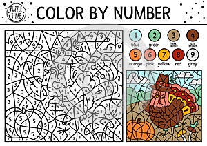 Vector Thanksgiving color by number activity with turkey and pumpkin in the field. Autumn holiday counting game with cute bird.