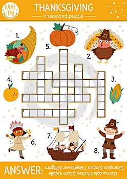 Vector Thanksgiving crossword puzzle for kids. Simple autumn quiz with traditional symbols for children. Educational activity with