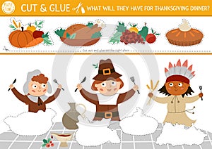 Vector Thanksgiving cut and glue activity. Autumn educational crafting game with cute pilgrims, native American Indian, holiday