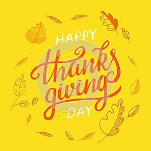 Vector thanksgiving day greeting lettering phrase. Happy thanksgiving with round frame of autumn leaves, pumpkin on
