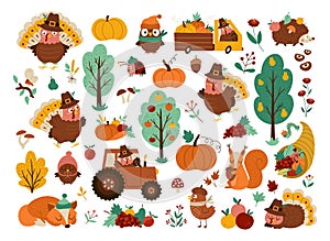 Vector Thanksgiving elements set. Autumn icons collection with funny turkey, animals, harvest, cornucopia, pumpkins, trees. Fall