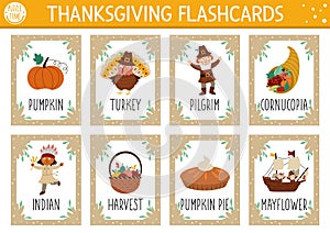 Vector Thanksgiving flash cards set. English language game with cute turkey, pumpkin, pilgrim for kids. Autumn Fall holiday