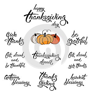 Vector Thanksgiving greeting set with signs and pumpkins for invitations, postcard, greeting cards, banner, tags photo