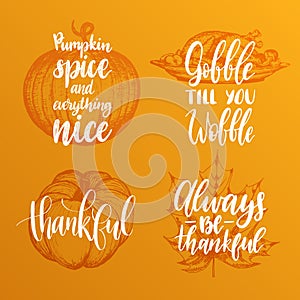 Vector Thanksgiving lettering with illustrations for invitations or festive greeting cards. Handwritten calligraphy set.