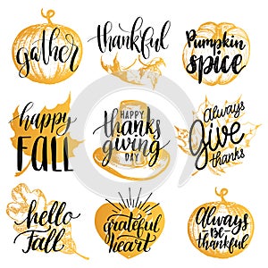 Vector Thanksgiving lettering with illustrations for invitations or festive greeting cards. Handwritten calligraphy set.