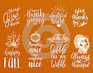 Vector Thanksgiving lettering with illustrations for invitations or festive greeting cards. Handwritten calligraphy set.