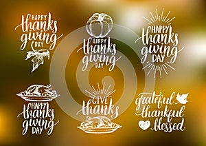 Vector Thanksgiving lettering with sketches for invitations,greeting cards.Calligraphy set Grateful Thankful Blessed etc