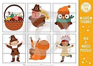 Vector Thanksgiving mix and match puzzle with pilgrim, turkey, owl, harvest, native American Indian. Matching autumn activity for