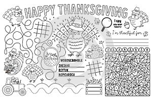 Vector Thanksgiving placemat for kids. Fall holiday printable activity mat with maze, tic tac toe charts, connect the dots, find