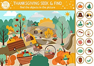 Vector Thanksgiving searching game with cute animals in the farm field. Spot hidden objects in the picture. Simple seek and find