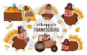 Vector Thanksgiving turkey set. x. Autumn birds icon. Fall holiday animal in pilgrim hat pack isolated on white background.