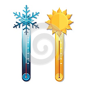 Vector thermometer in hot summer and cold winter weather. Flat icon with symbol sun and snowflake