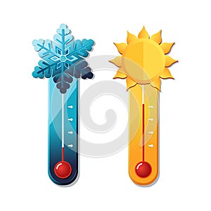 Vector thermometer in hot summer and cold winter weather. Flat icon with symbol sun and snowflake