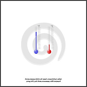 Vector thermometer shows cold and heat in Celsius and Fahrenheit. Meteorological thermometer red and blue colors on white