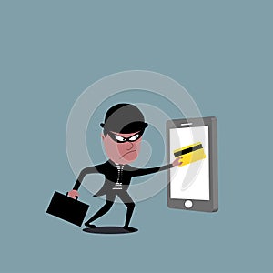 Vector of thief holding a credit card. Hacker stealing.