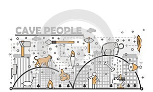 Vector thin line art cave people poster banner