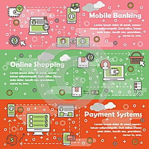 Vector thin line art mobile banking web banner set