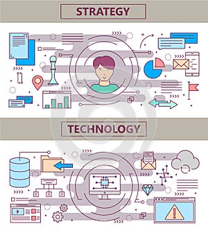 Vector thin line flat design Strategy and Technology concept banners
