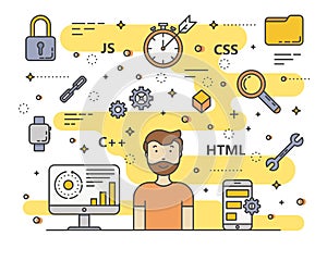 Vector thin line flat design web development, programming concept banner