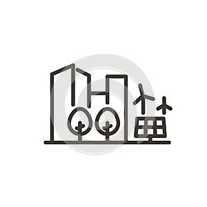 Vector thin line icon with city skyline, wind turbines, solar panel, sun, clouds and trees. Minimal outline illustration for
