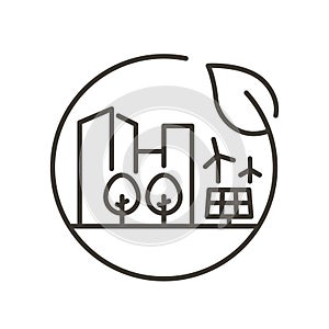 Vector thin line icon with city skyline, wind turbines, solar panel, sun, trees inside a circle with a leaf. Minimal outline