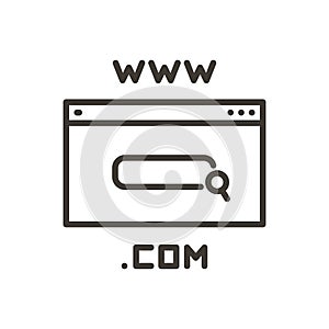 Vector thin line icon illustration graphic element design of a search bar with a magnifier on a web page with .com and www text