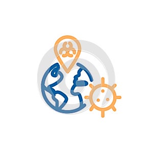 Vector thin line icon illustration with planet earth globe, biohazard symbol and virus. For concepts of pandemics, epidemics,