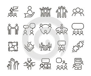 Vector thin line icon illustration set. Teamwork and people interacting, communicating and working together for business companies