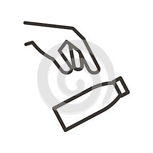 Vector thin line icon outline linear stroke illustration of hand throwing bottle into trash bin or into the floor, depending on
