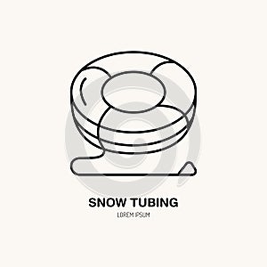 Vector thin line icon of snow tubing. Winter recreation equipment rent logo. Outline symbol, cold season activities sign