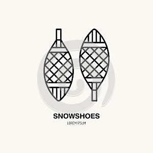 Vector thin line icon of snowshoes. Winter recreation equipment rent logo. Outline symbol of walking on snow. Cold