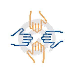 Vector thin line icons with 4 hands. Concept design for teamwork, success, charity, business, volunteers
