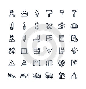 Vector thin line icons set with construction, industrial, architectural, engineering outline symbols