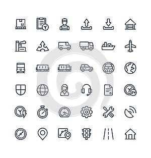 Vector thin line icons set with Logistic, delivery business, distribution outline symbols.