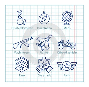 Vector thin line icons set for military infographics and UX/UI