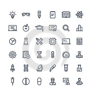 Vector thin line icons set with science and laboratory research outline symbols