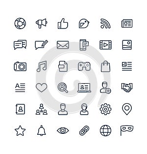 Vector thin line icons set with social media, network outline symbols.