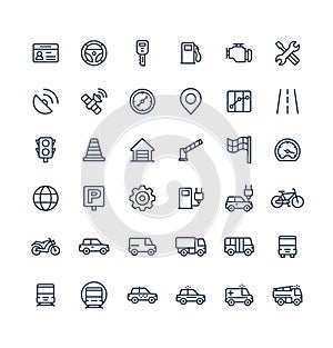 Vector thin line icons set with transport, navigation outline symbols.