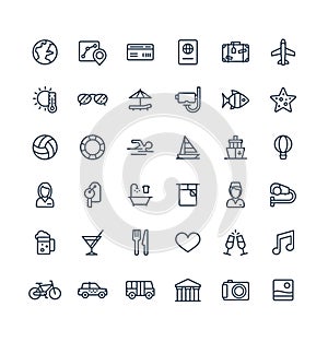 Vector thin line icons set with travel, tourism outline symbols. Summer vacation, hotel room service, luggage