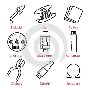 Vector thin line icons set with vaping accessories and equipment