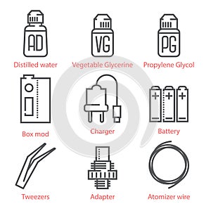 Vector thin line icons set with vaping accessories and equipment