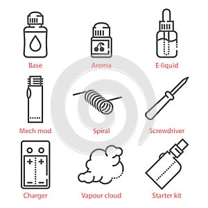 Vector thin line icons set with vaping accessories and equipment
