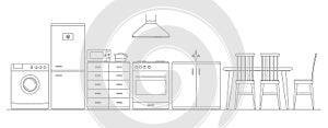 Vector thin line illustration of kitchen furniture and interior. Fridge, washing mashine, microwave, cookstove, sink, kitchen hood