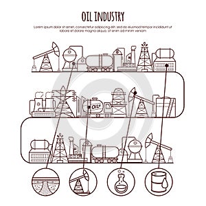 Vector thin line oil industry infographic. Oil extraction