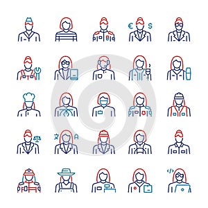 Vector thin linear icon set of workers women