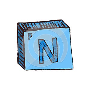 Vector three-dimensional hand drawn blue chemical symbol of nitrogen with an abbreviation N from periodic table of the elements