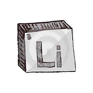 Vector three-dimensional hand drawn chemical gray silver symbol of lithium with an abbreviation Li from the periodic table