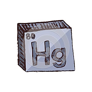 Vector three-dimensional hand drawn chemical gray symbol of mercury with an abbreviation Hg from the periodic table