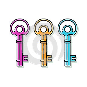 Vector of three flat vector icons of different colored keys on a clean white background